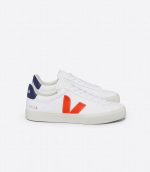 Men's Veja Campo Chromefree Leather Low-Top Sneakers White Orange Blue | DOC4154FM