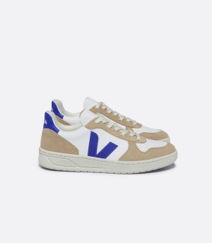 Men's Veja V-10 Chromefree Leather Low-Top Sneakers White Brown Blue | DXQ3064IB