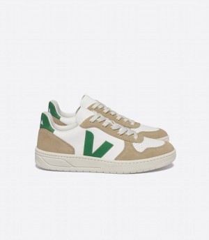 Men's Veja V-10 Chromefree Leather Low-Top Sneakers White Brown Green | EBI7710RW