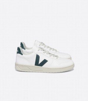 Men's Veja V-10 Cwl Brittany Low-Top Sneakers White Green | CAS2861QY