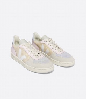 Men's Veja V-10 J-mesh Jute Low-Top Sneakers Yellow Beige White | LPZ6975PT