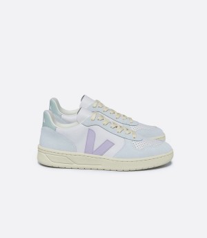 Men's Veja V-10 Leather Parme Menthol Low-Top Sneakers Blue Purple | JOH2633JO