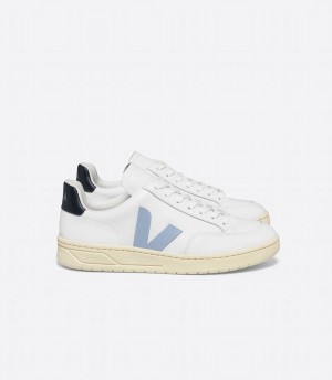 Men's Veja V-12 Leather Boat Low-Top Sneakers White Blue Black | XNS6942ZM