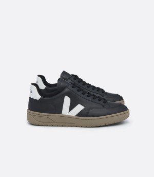 Men's Veja V-12 Leather Low-Top Sneakers Black White Brown | HDY8321LR