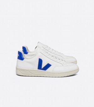 Men's Veja V-12 Leather Low-Top Sneakers White Blue | NFJ5879ZJ