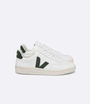 Men's Veja V-12 Leather Low-Top Sneakers White Green | GSQ1016PP