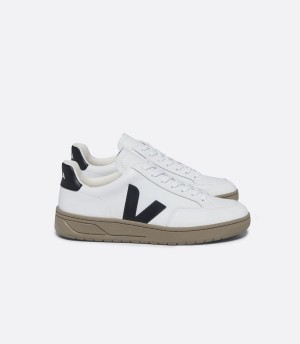 Men's Veja V-12 Leather Low-Top Sneakers White Black Brown | BEI1380IV