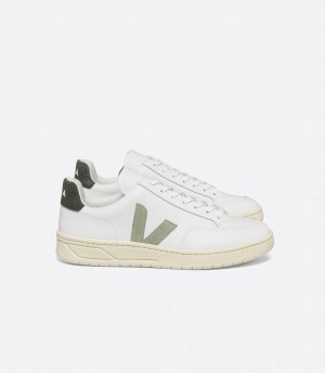 Men's Veja V-12 Leather Mud Low-Top Sneakers White Green | GHJ1361SC