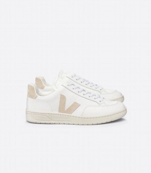 Men's Veja V-12 Leather Sable Low-Top Sneakers White Beige | NDR8783XH