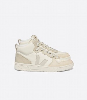 Men's Veja V-15 Chromefree Leather Cashew High-Top Sneakers White Beige | GOG8236OM