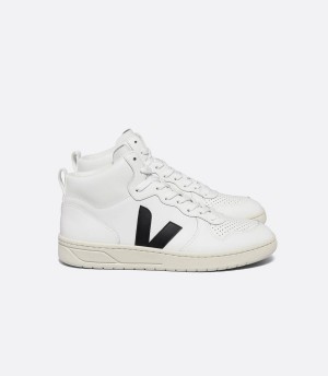 Men's Veja V-15 Leather High-Top Sneakers White Black | LES9926DR