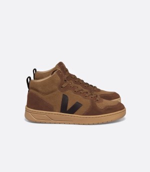 Men's Veja V-15 Suede High-Top Sneakers Brown Black | UES3232SB