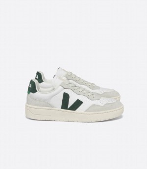 Men's Veja V-90 Leather Low-Top Sneakers White Grey Green | TOT1276OP