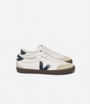 Men's Veja Volley Leather Boat Bark Low-Top Sneakers White Black | DRG9556EC