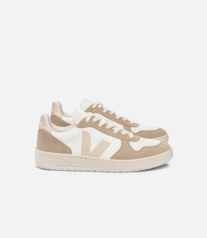 Women's Veja V-10 Chromefree Leather Low-Top Sneakers White Brown | SFA5851EG