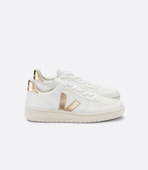 Women's Veja V-10 Chromefree Leather Low-Top Sneakers White Gold | LAQ9962OI