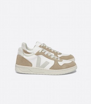 Women's Veja V-10 Chromefree Leather Low-Top Sneakers White Brown Grey | GRH9796WN