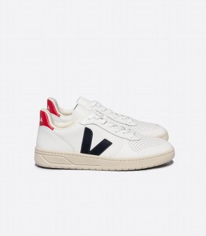 Women's Veja V-10 Leather Boat Pekin Low-Top Sneakers White Red Black | OWZ5481NA