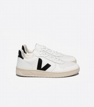 Women's Veja V-10 Leather Low-Top Sneakers White Black | SIK1448QS