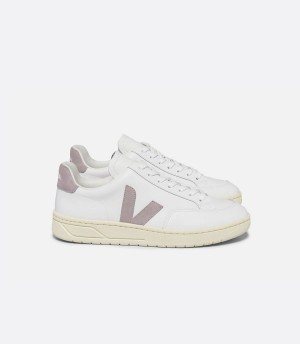 Women's Veja V-12 Leather Babe Low-Top Sneakers White Purple | NBS8356RE