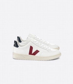 Women's Veja V-12 Leather Boat Low-Top Sneakers White Red Black | CWU178IG