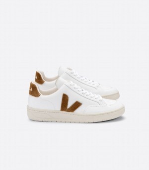 Women's Veja V-12 Leather Low-Top Sneakers White Brown | NBY1750NG