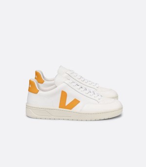 Women's Veja V-12 Leather Ouro Low-Top Sneakers White Yellow | LST2179NL