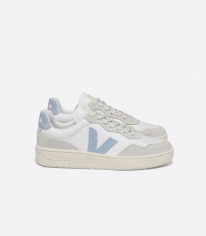 Women's Veja V-90 Leather Low-Top Sneakers White Grey Blue | MVA3628NS