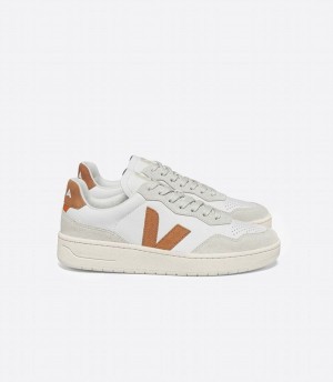 Women's Veja V-90 Leather Umber Low-Top Sneakers White Grey Brown | WFV4494XK