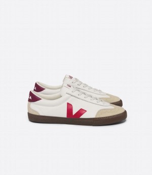 Women's Veja Volley Leather Pekin Bark Low-Top Sneakers White Red | FWL4152FL