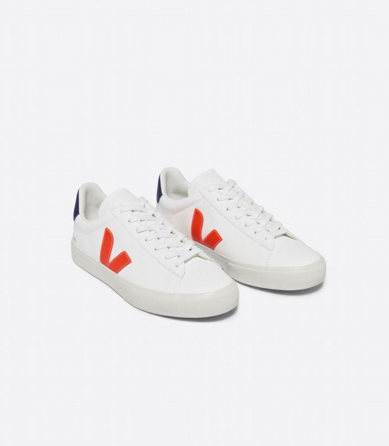 Men's Veja Campo Chromefree Leather Low-Top Sneakers White Orange Blue | DOC4154FM