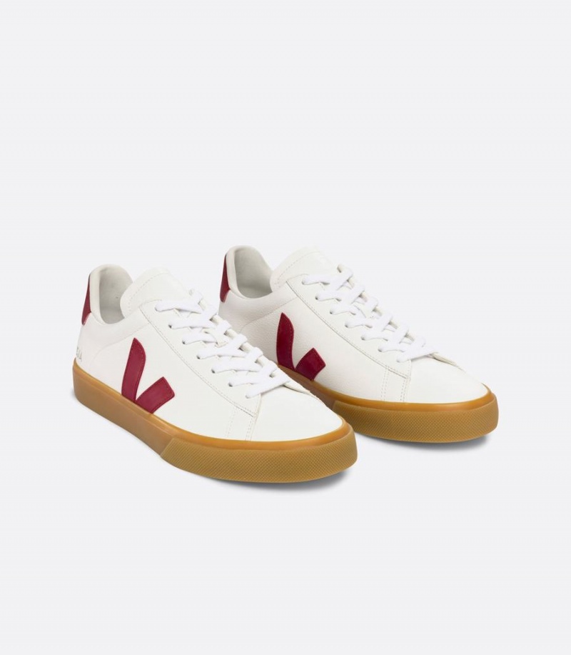 Men's Veja Campo Chromefree Leather Low-Top Sneakers White Red | PQS517MJ