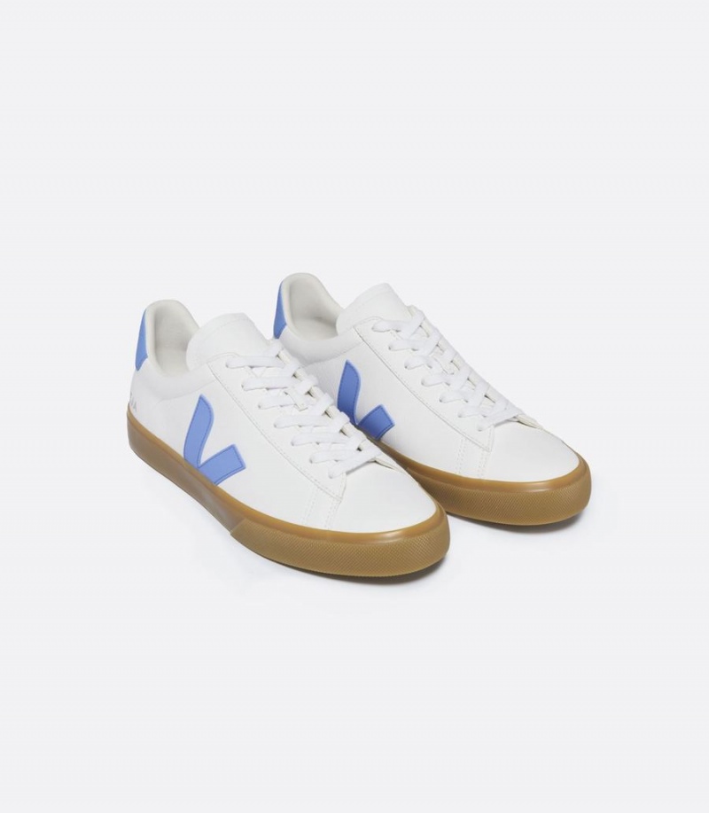 Men's Veja Campo Chromefree Leather Low-Top Sneakers White Blue | FFV3652YR