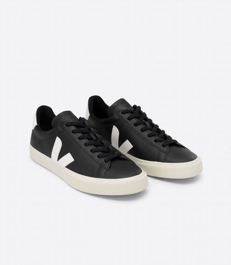 Men's Veja Campo Chromefree Leather Low-Top Sneakers Black White | LXX1462DO