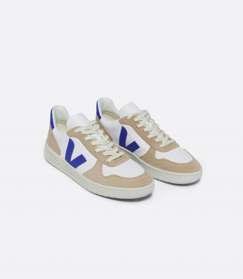 Men's Veja V-10 Chromefree Leather Low-Top Sneakers White Brown Blue | DXQ3064IB