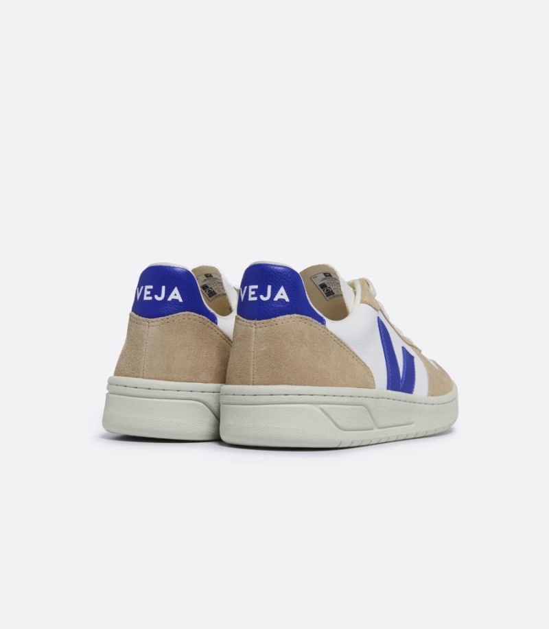 Men's Veja V-10 Chromefree Leather Low-Top Sneakers White Brown Blue | DXQ3064IB