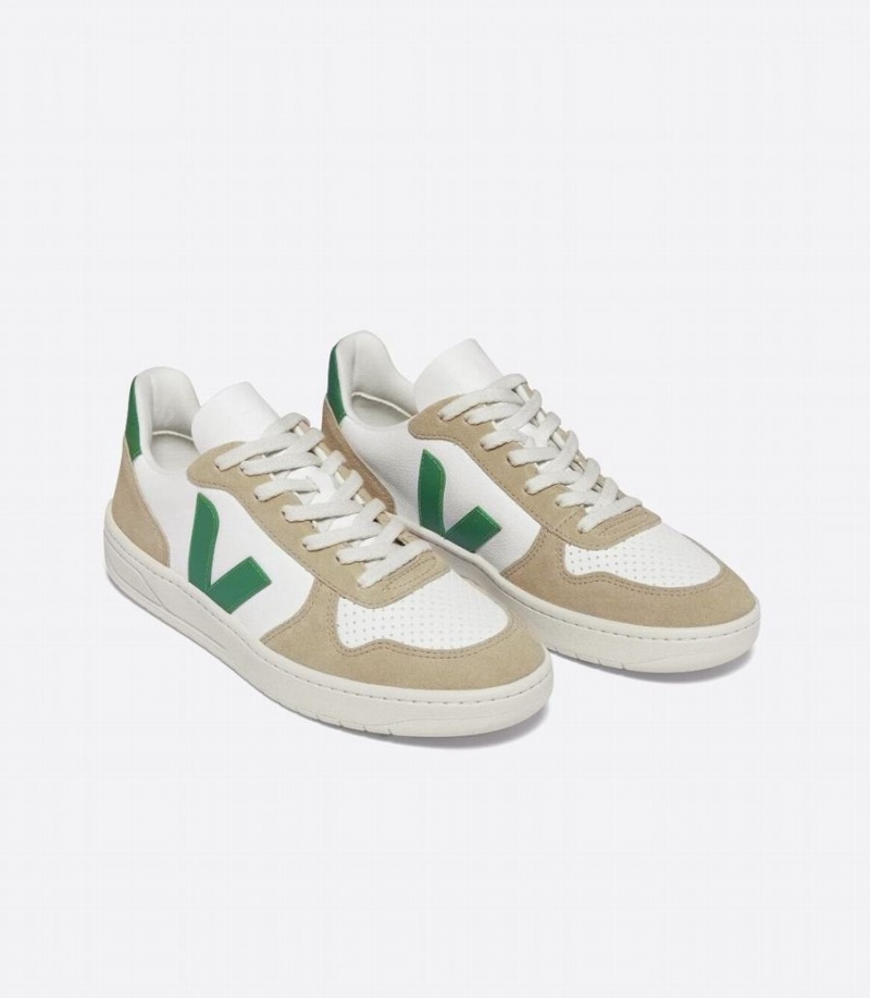 Men's Veja V-10 Chromefree Leather Low-Top Sneakers White Brown Green | EBI7710RW