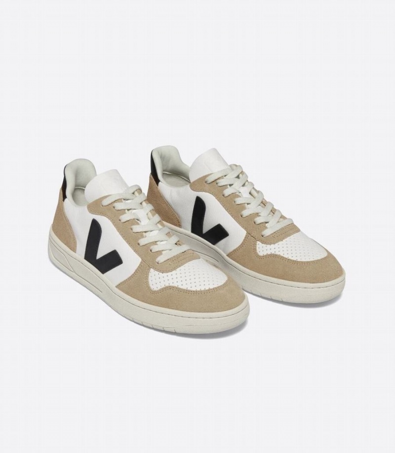 Men's Veja V-10 Chromefree Leather Low-Top Sneakers White Brown Black | BDP663AV