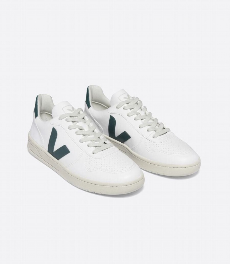 Men's Veja V-10 Cwl Brittany Low-Top Sneakers White Green | CAS2861QY