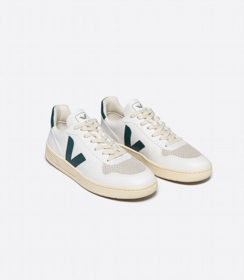 Men's Veja V-10 Cwl Brittany Low-Top Sneakers White Green | HDM2371OD