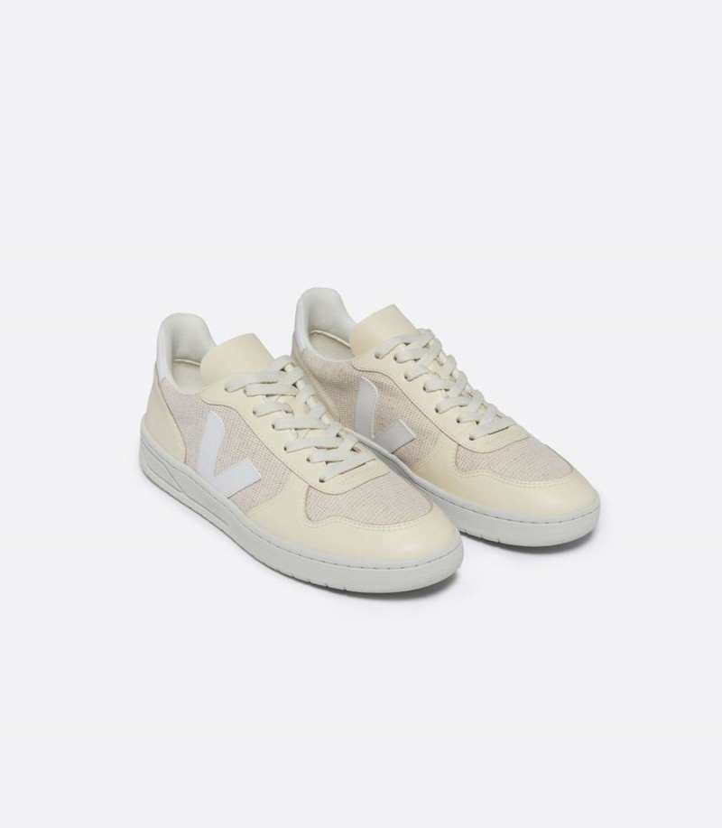 Men's Veja V-10 J-mesh Jute Low-Top Sneakers Beige Pink White | SRP1628OZ