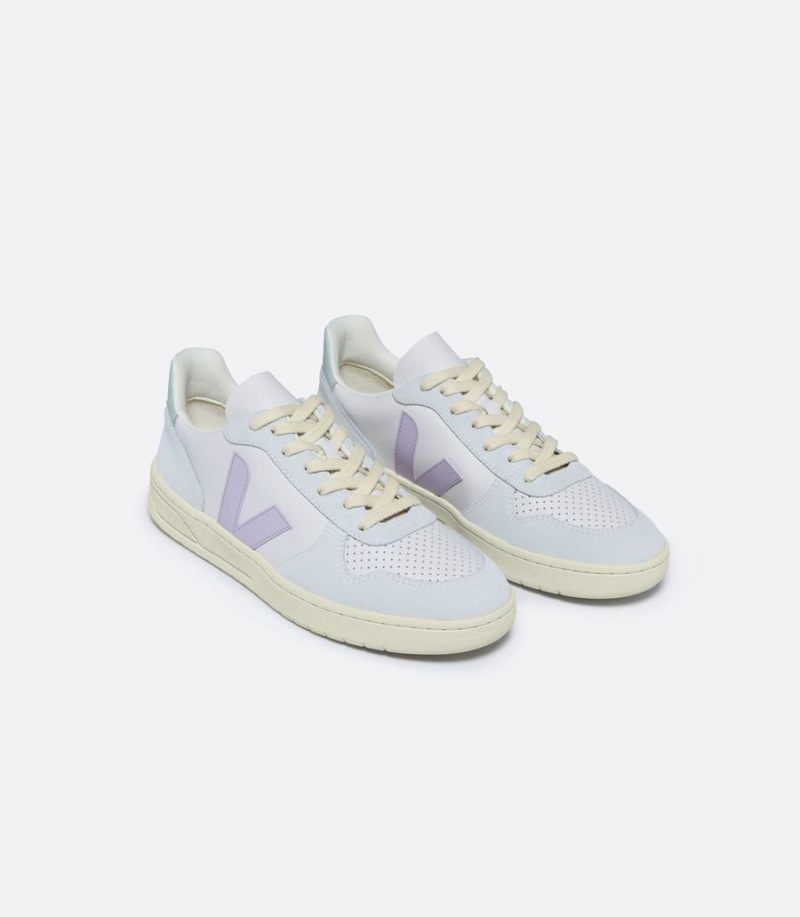 Men's Veja V-10 Leather Parme Menthol Low-Top Sneakers Blue Purple | JOH2633JO