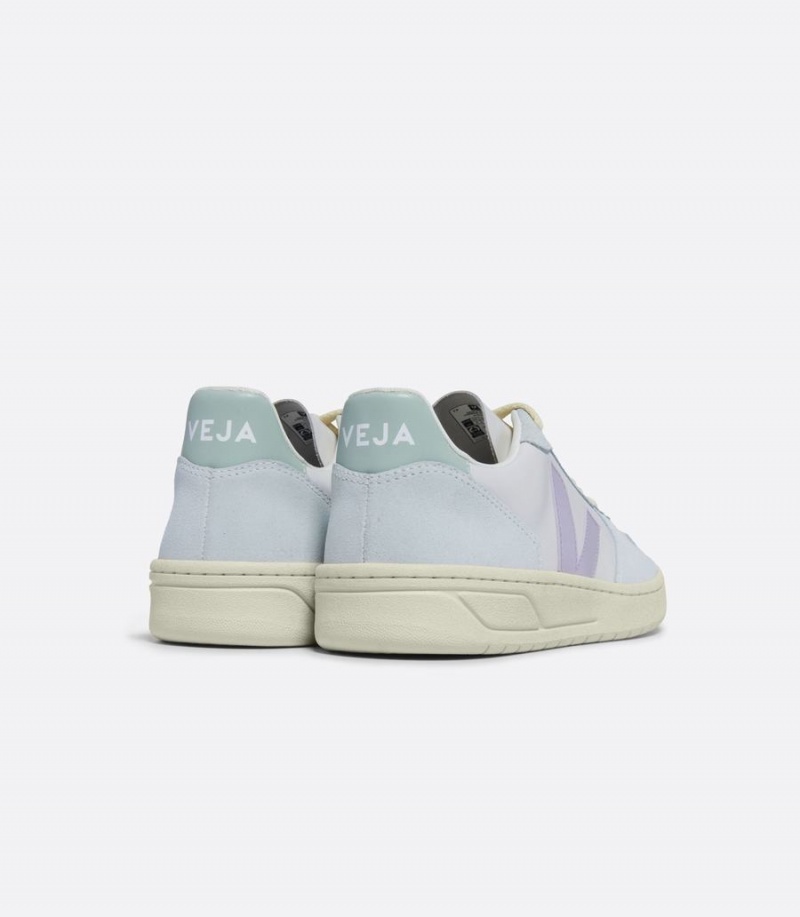 Men's Veja V-10 Leather Parme Menthol Low-Top Sneakers Blue Purple | JOH2633JO