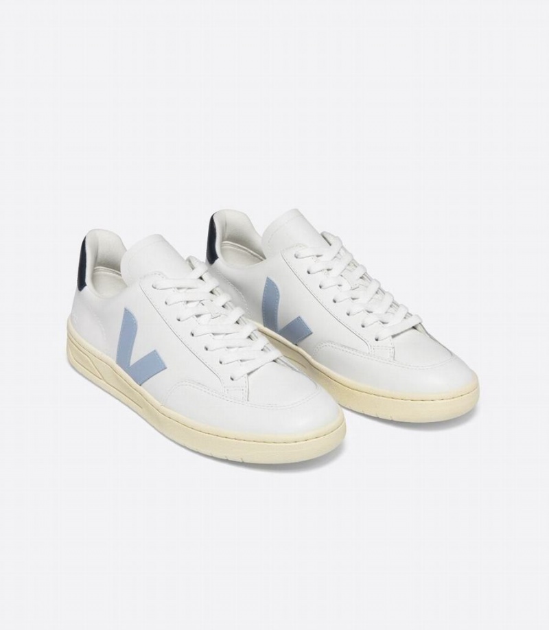 Men's Veja V-12 Leather Boat Low-Top Sneakers White Blue Black | XNS6942ZM