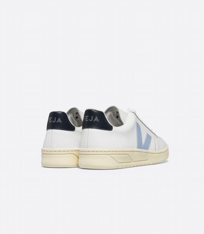 Men's Veja V-12 Leather Boat Low-Top Sneakers White Blue Black | XNS6942ZM