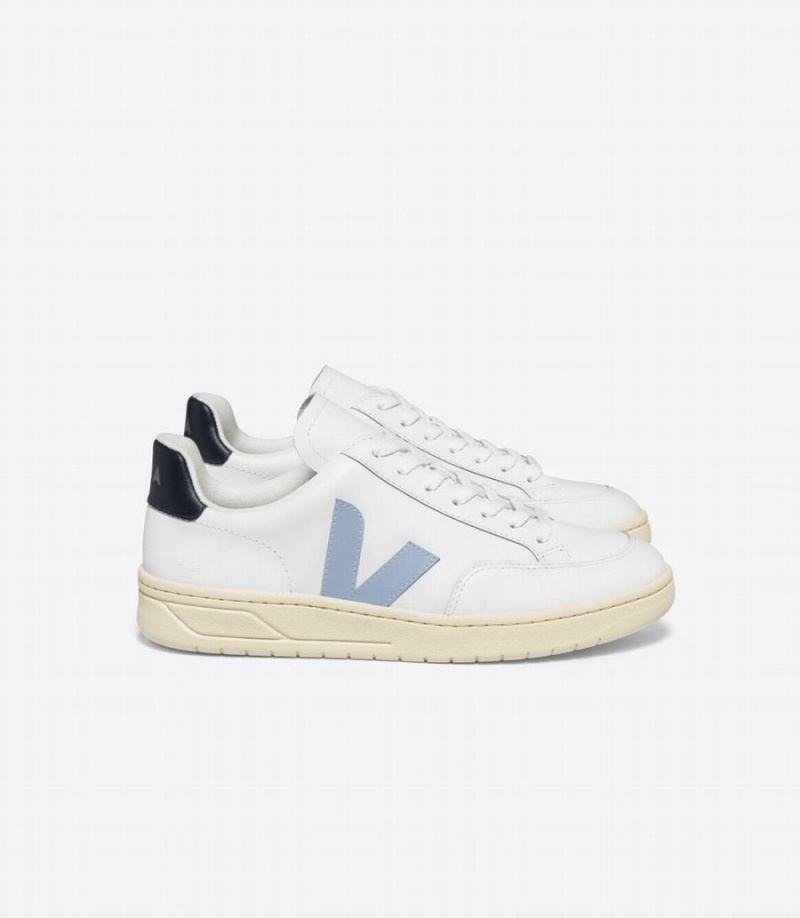 Men\'s Veja V-12 Leather Boat Low-Top Sneakers White Blue Black | XNS6942ZM