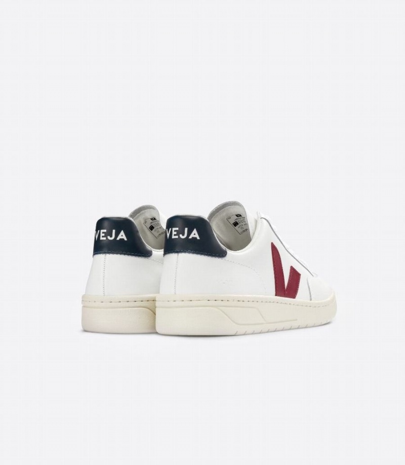 Men's Veja V-12 Leather Boat Low-Top Sneakers White Red Black | XTV1942AF