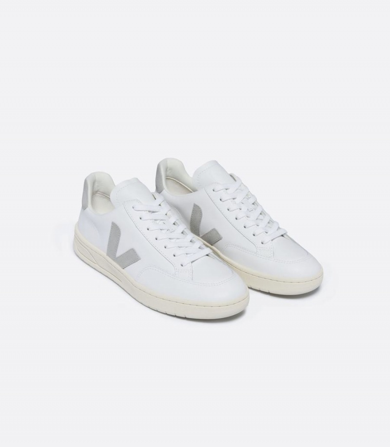 Men's Veja V-12 Leather Low-Top Sneakers White Light Grey | XUK16UP