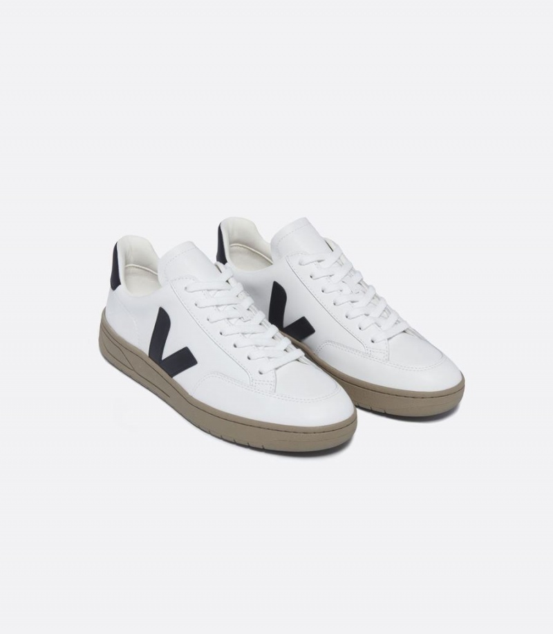 Men's Veja V-12 Leather Low-Top Sneakers White Black Brown | BEI1380IV