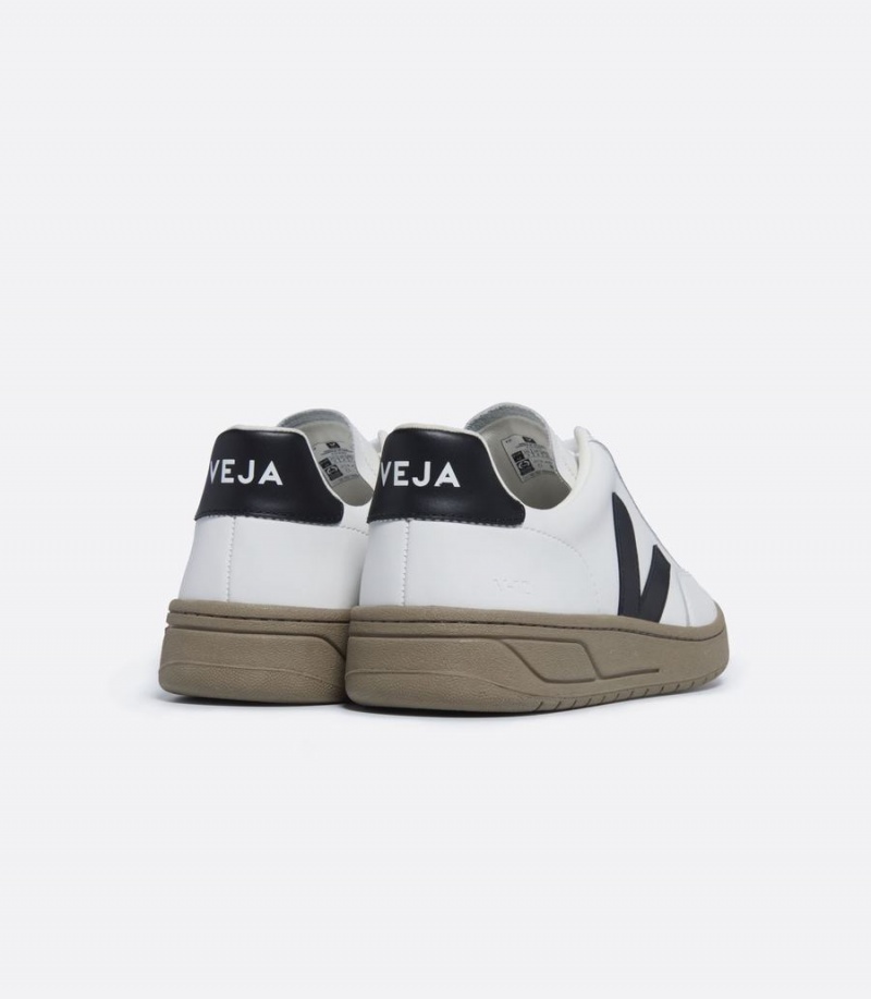 Men's Veja V-12 Leather Low-Top Sneakers White Black Brown | BEI1380IV